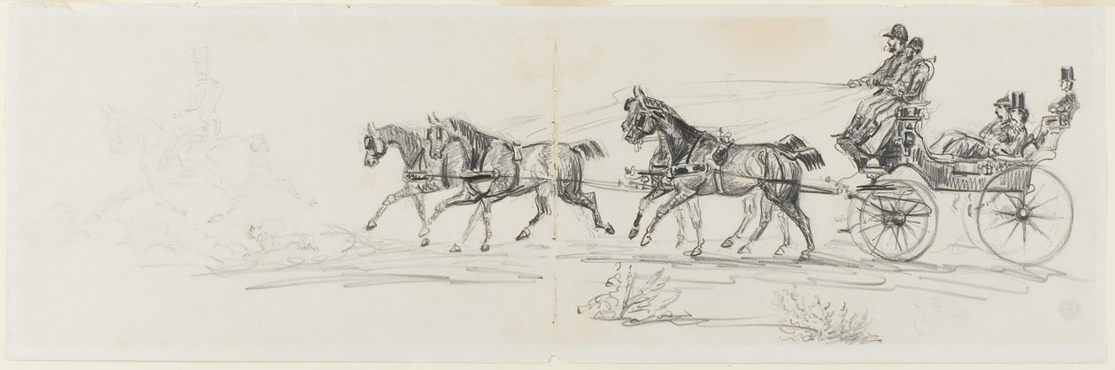Hestevogn foranstillet af enlig rytter (recto); Mand ridehest med et tæppe og skitser af hoveder, heste og triumfbue (verso) af Henri de Toulouse Lautrec