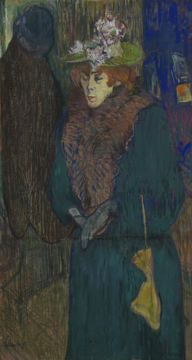 Jane Avril i indgangen til Moulin Rouge, tager sine handsker på, ca. 1892 af Henri de Toulouse Lautrec