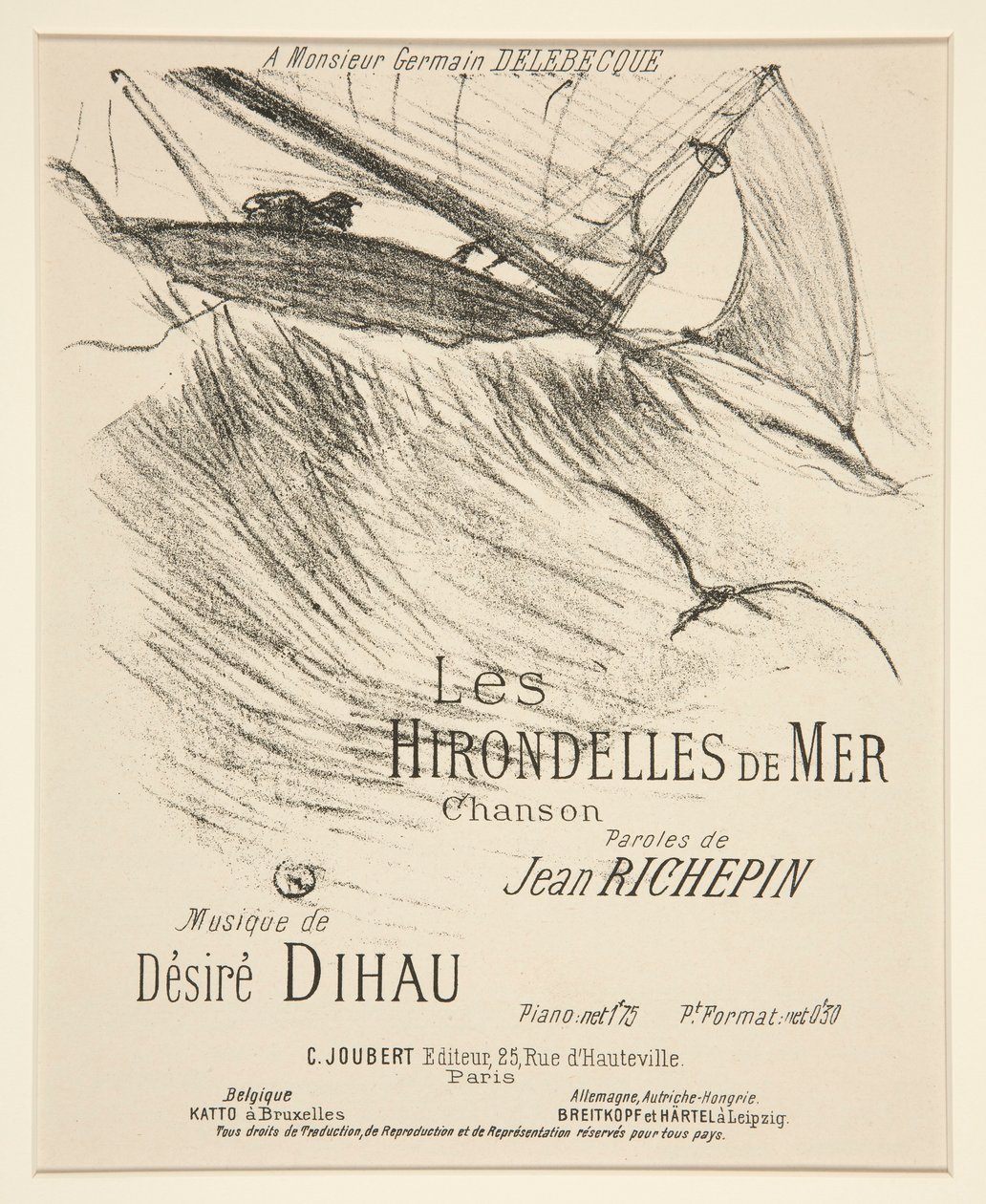 LES HIRONDELLES DE MER - Forside til trykt musikalsk komposition (digt af Richepin sat til musik af Dihau) af Henri de Toulouse Lautrec