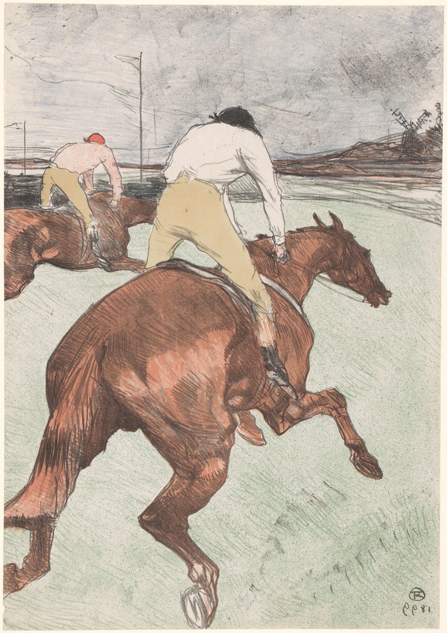 "Le Jockey" To jockeyer til hest Le jockey (original titel) Hestevæddeløb (serietitel) Kurser (serietitel) af Henri de Toulouse Lautrec