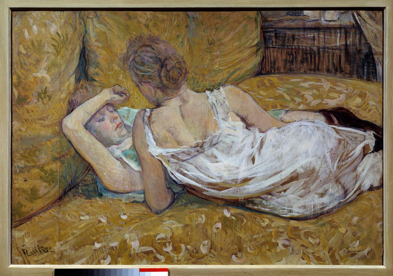 Les deux friendies Unge kvinder liggende på en seng - Maleri af Henri de Toulouse Lautrec (1864-1901) 1895 Collection privee - De to venner - Maleri af Henri de Toulouse Lautrec (1864-1901) af Henri de Toulouse Lautrec