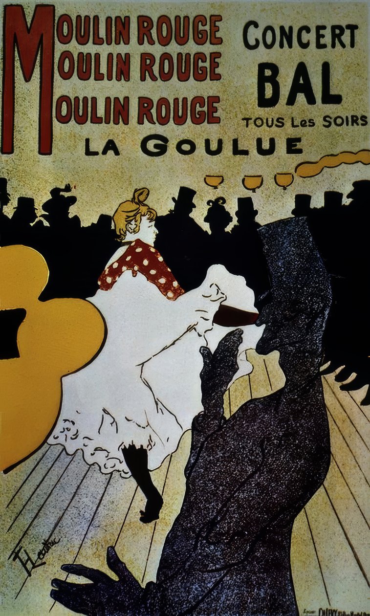 Moulin Rouge: La Goulue - 1891 - 191 × 117 cm - farvelitografi af Henri de Toulouse Lautrec