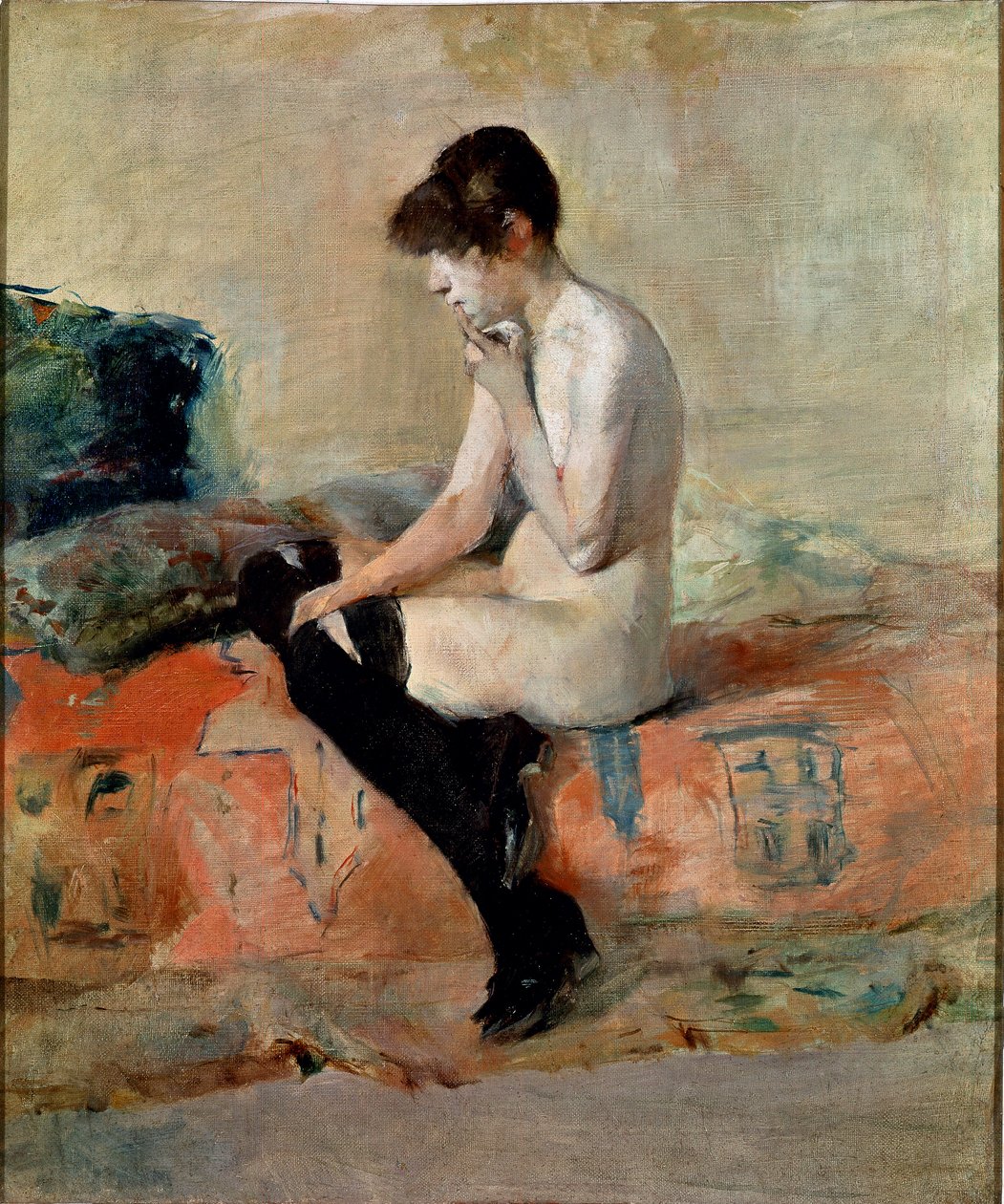 Nøgenstudie. Nøgen kvinde sidder på en sofa. Maleri af Henri de Toulouse-Lautrec (Toulouse Lautrec af Henri de Toulouse Lautrec
