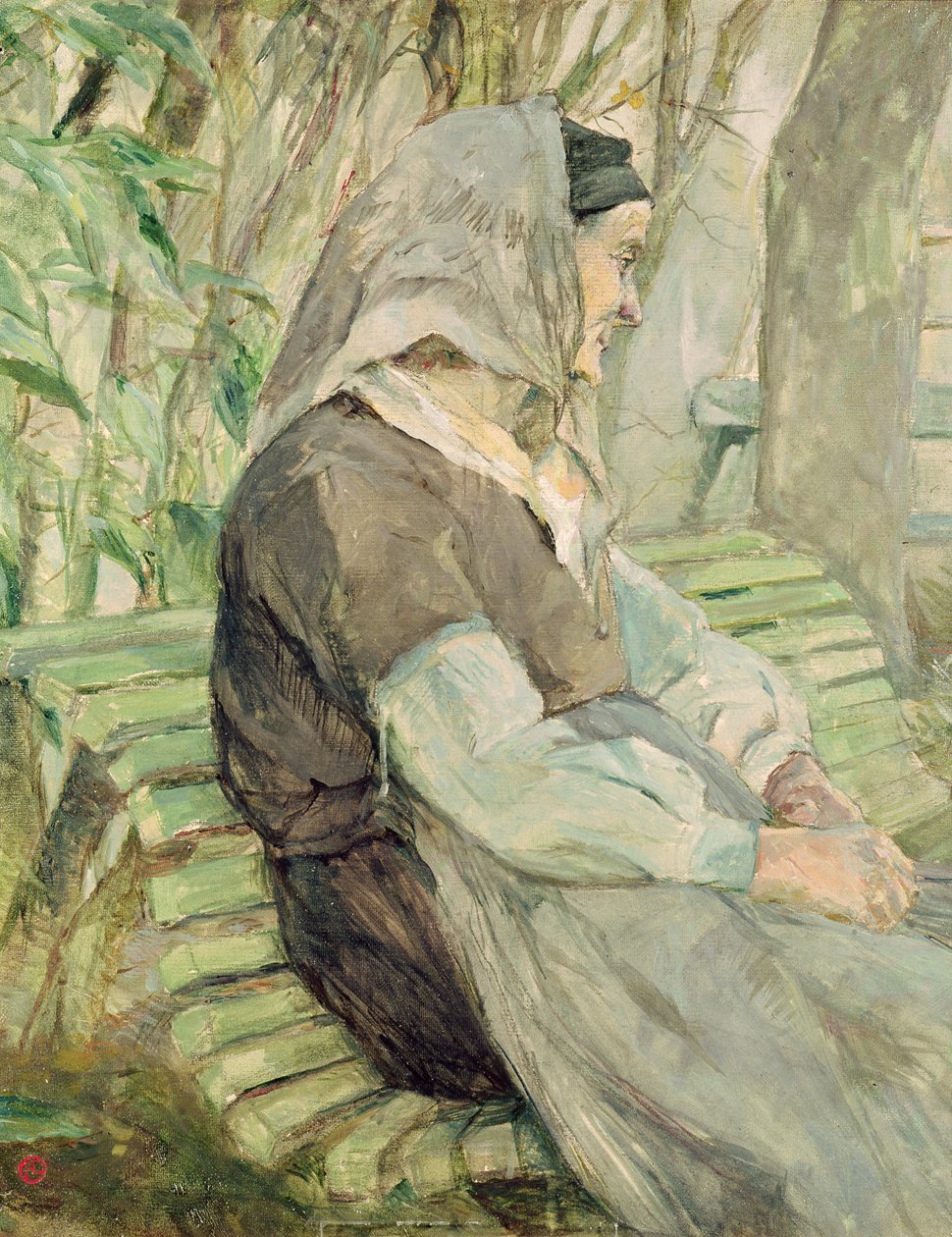 Gammel kvinde sidder på en bænk i Celeyran af Henri de Toulouse Lautrec