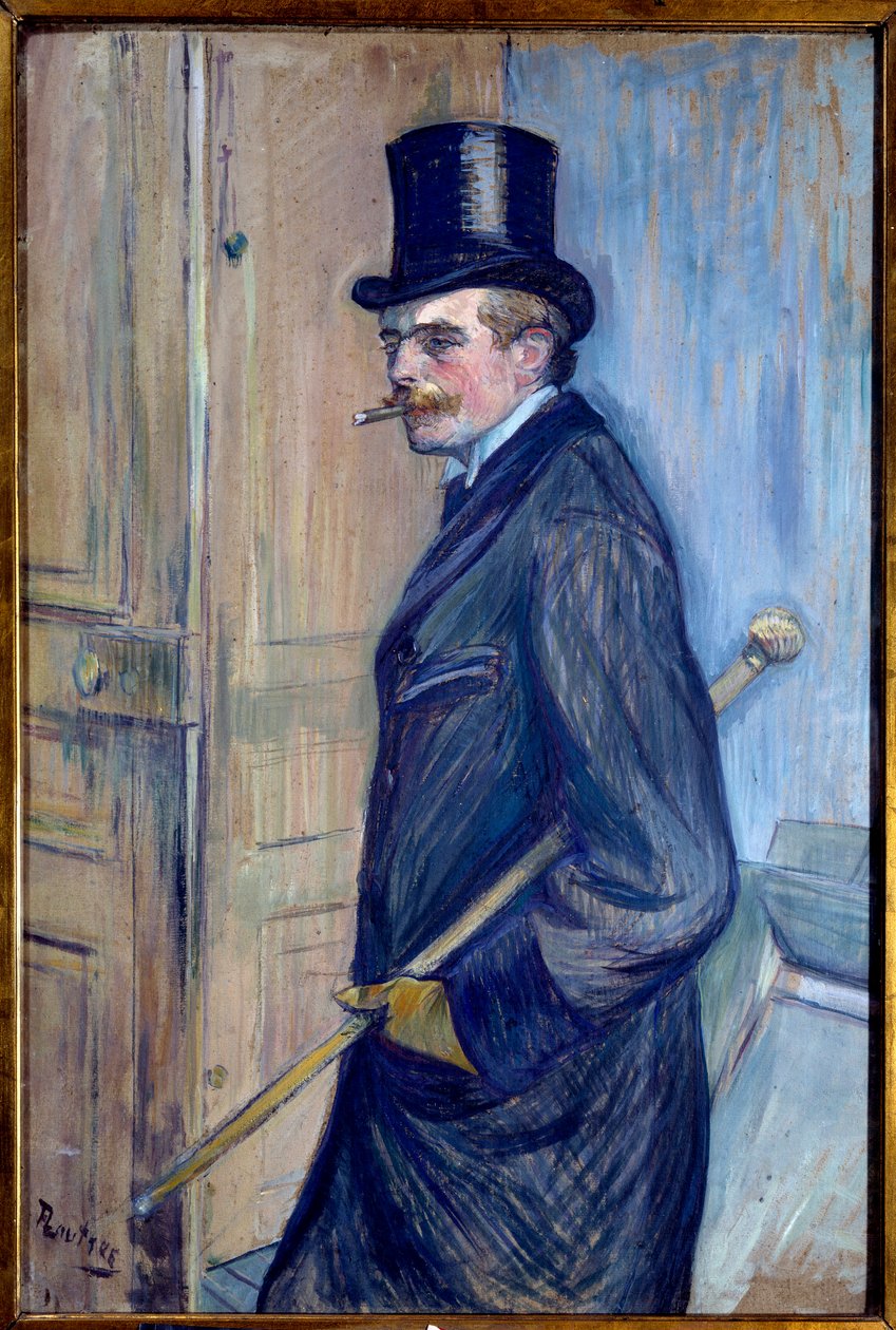 Portræt af Louis Pascal (1864-1901) Kunstnerens fætter er afbildet i høj hat med stok og ryger. Maleri af Henri de Toulouse Lautrec (1864-1901) 1891 søn. 0,81x0,54 m Albi. Musee Toulouse Lautrec - Portræt af Louis Pascal (1864-1901), kunstneren af Henri de Toulouse Lautrec