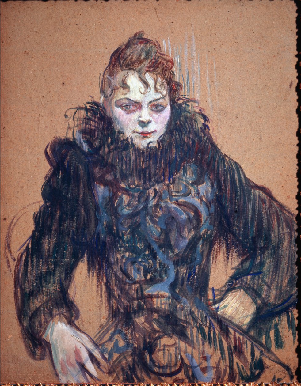 Portræt af en kvinde i den sorte boa - olie på pap af Henri de Toulouse Lautrec