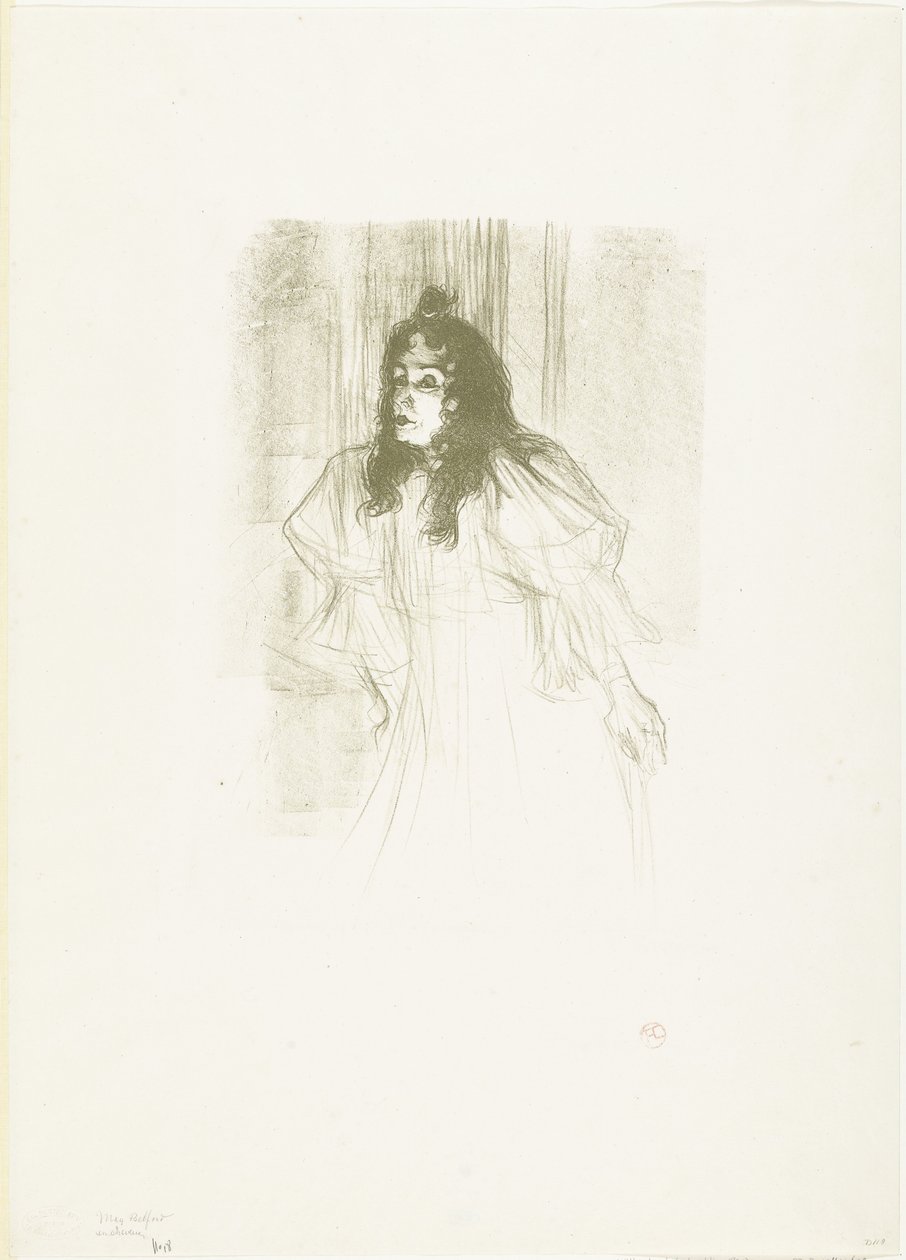 Portræt af sangerinden May Belfort med løst hængende hår af Henri de Toulouse Lautrec