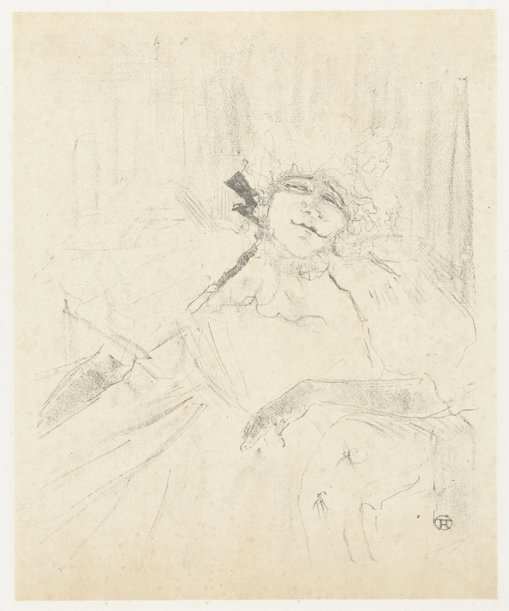 Portret van Yvette Guilbert i lænestol på scenen Yvette Guilbert (gammel sang) Yvette Guilbert: Engelsk serie (serietitel) af Henri de Toulouse Lautrec