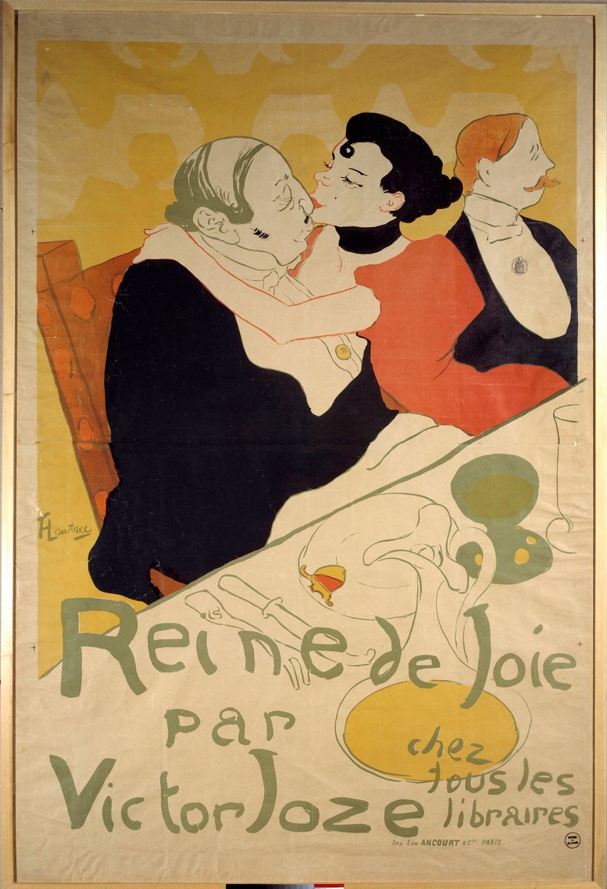 Plakat af Henri de Toulouse Lautrec (1864-1901) for "Queen of Joy" af Victor Joze, der repræsenterer en ung prostitueret på en klients knæ. 1800-tallets privatsamling af Henri de Toulouse Lautrec