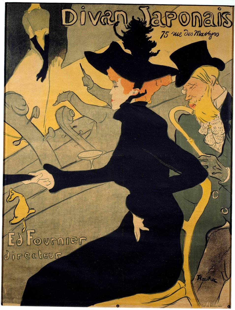 Plakat for den parisiske kabaret ""The Japanese couch"" forestillende danseren Jane Avril (1868-1943) og danseren. forfatter Edouard Dujardin (1861-1949) ser sangerinden Yvette Guilbert (1867-1944) optræde på scenen - Litografi af Henri de Toulouse-Lautr af Henri de Toulouse Lautrec