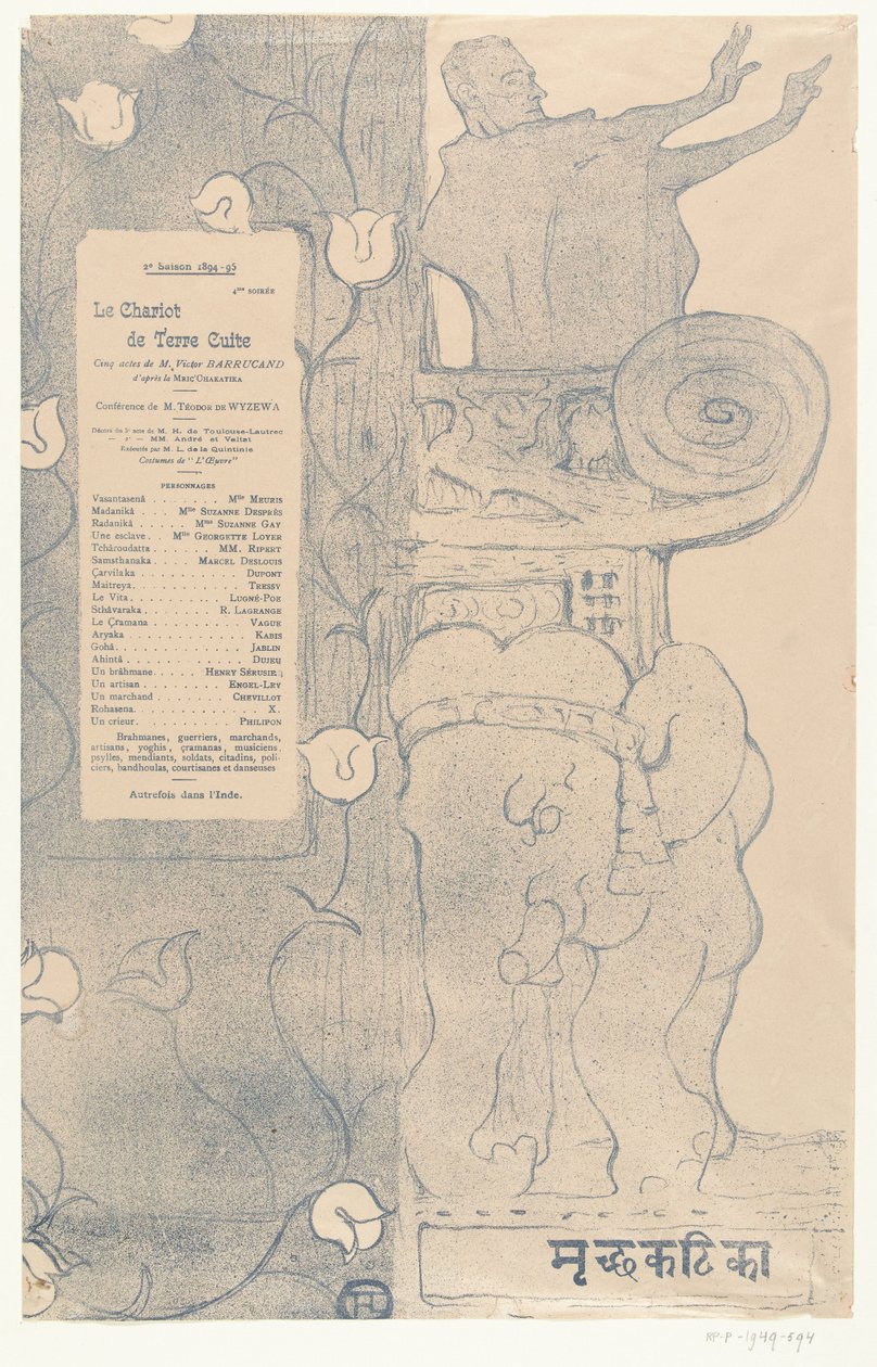 Program for stykket Le chariot de terre cuite med skuespilleren Felix Fénéon stående på balkonen over indisk elefant Program for Le chariot de terre cuite af Henri de Toulouse Lautrec