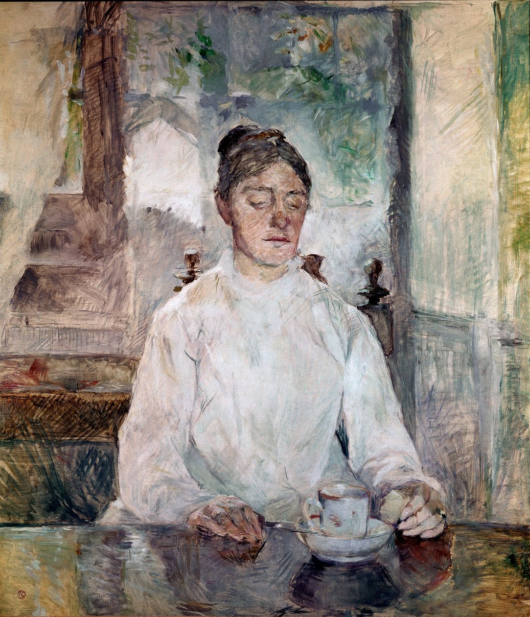 Kunstnerens mor, grevinde Adele de Toulouse Lautrec, spiser morgenmad på Chateau de Malrome. Maleri af Henri de Toulouse-Lautrec (Toulouse Lautrec af Henri de Toulouse Lautrec