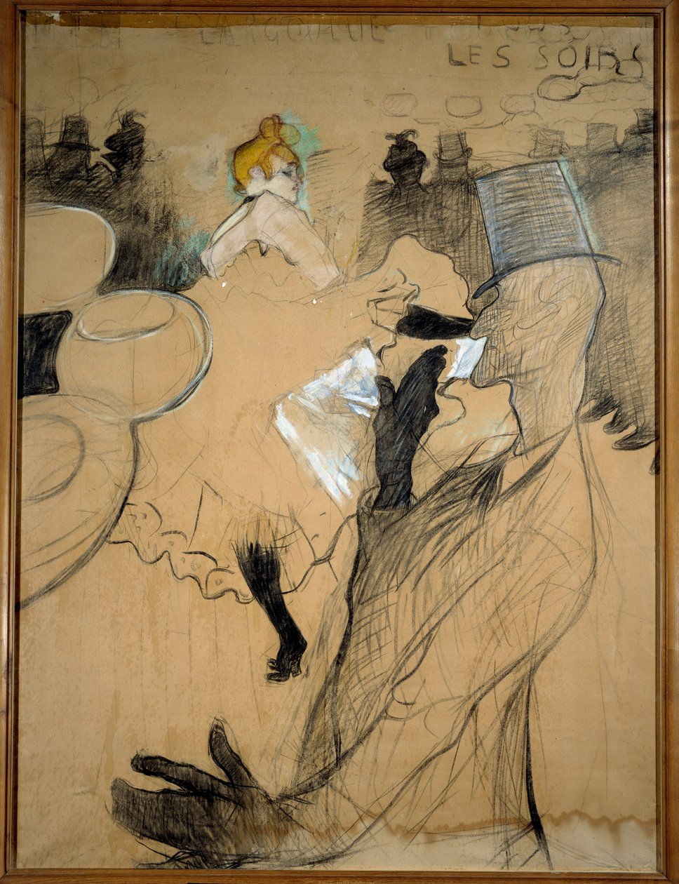 Den røde mølle, Goulue og Valentin le Desosse. Skitse, kul med farvede highlights. Tegning af Henri De Toulouse Lautrec (1864-1901) af Henri de Toulouse Lautrec