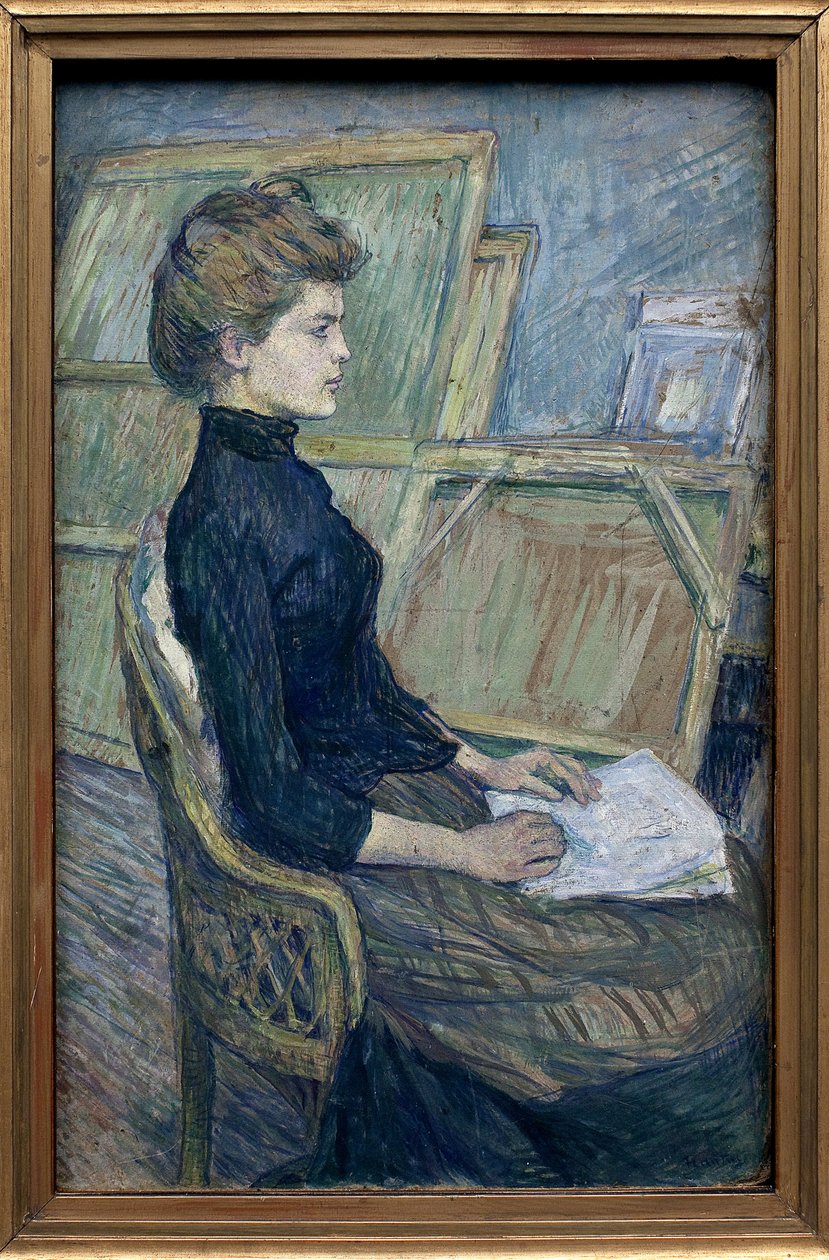 Den unge model Helene Vary i værkstedet. Kunstværk af Henri de Toulouse Lautrec (1864-1901), olie på pap af Henri de Toulouse Lautrec