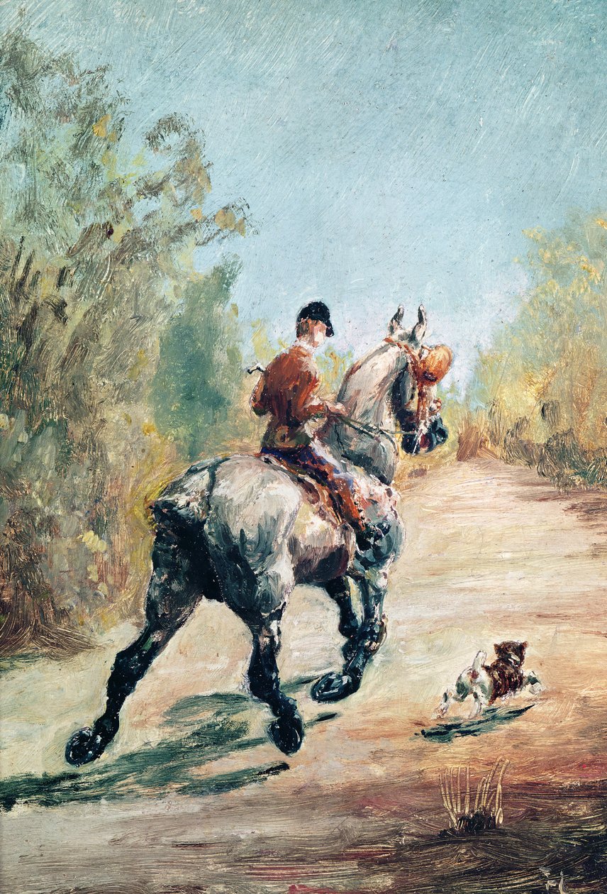 Travrytter med en lille hund, 1879 af Henri de Toulouse Lautrec