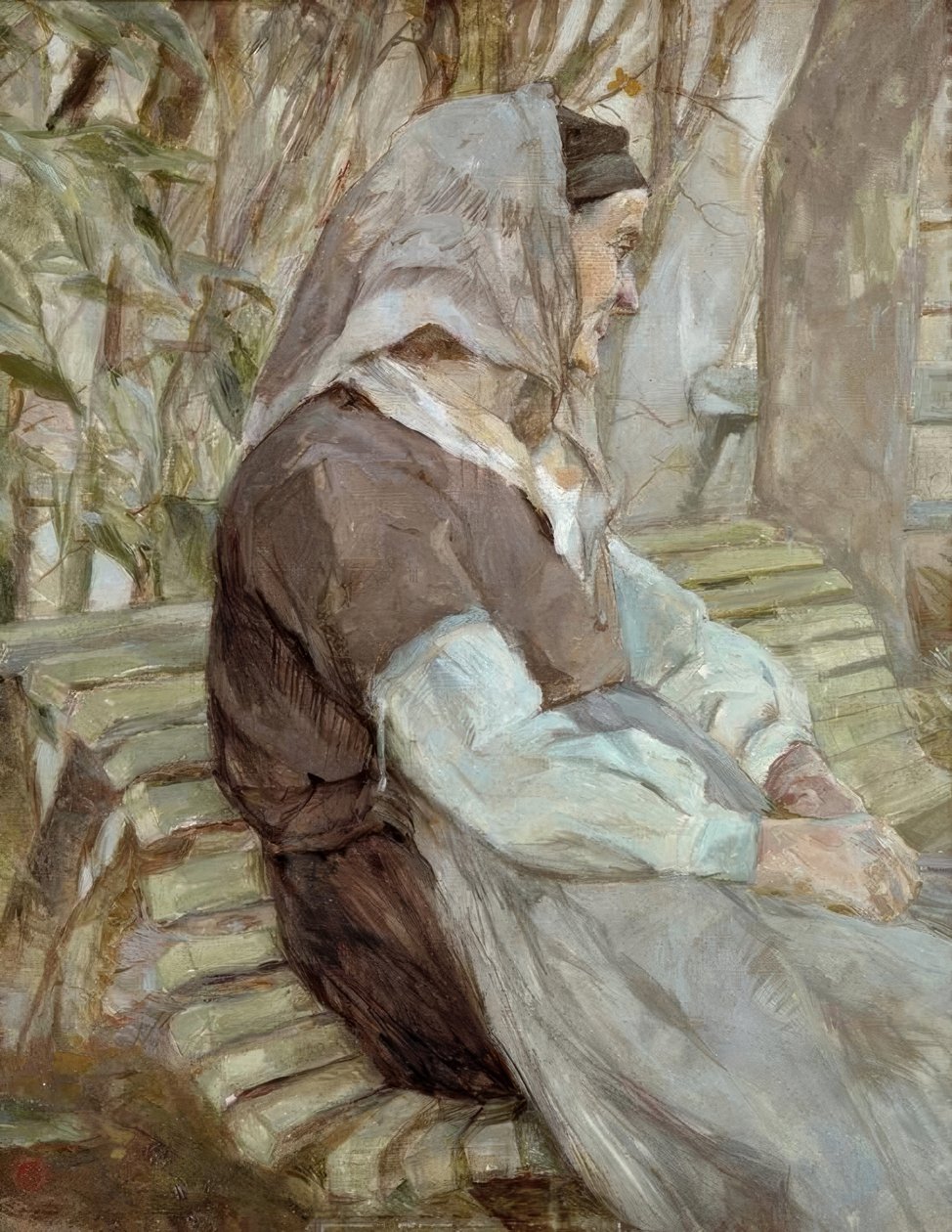 Gammel kvinde sidder på en bænk i Céleryran af Henri de Toulouse Lautrec