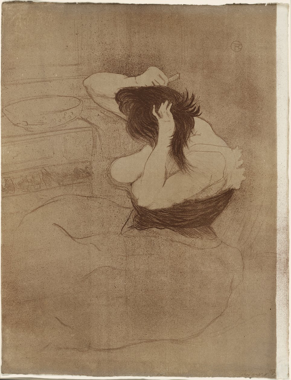 Kvinde, der reder sit hår — La Coiffure, tallerken syv fra Elles af Henri de Toulouse Lautrec
