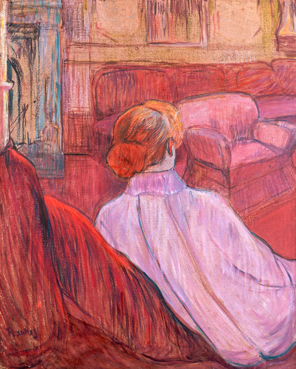 Kvinde sidder på en rød sofa af Henri de Toulouse Lautrec