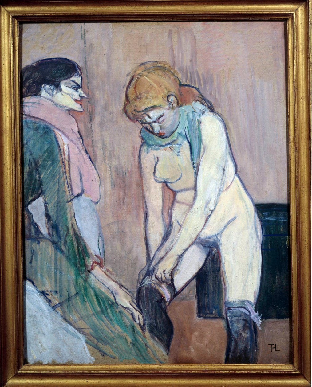 Kvinde trækker sine strømper eller "" Woman of house"" Maleri på pap af Henri de Toulouse Lautrec (1864-1901) 1894 Søn. 0,58x0,46 m. Paris, Musee d
