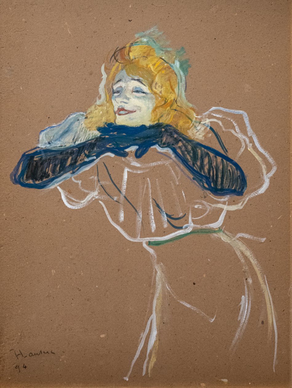 Yvette Guilbert synger "Linger, Longer, Loo" 1894 (Olie på pap) af Henri de Toulouse Lautrec