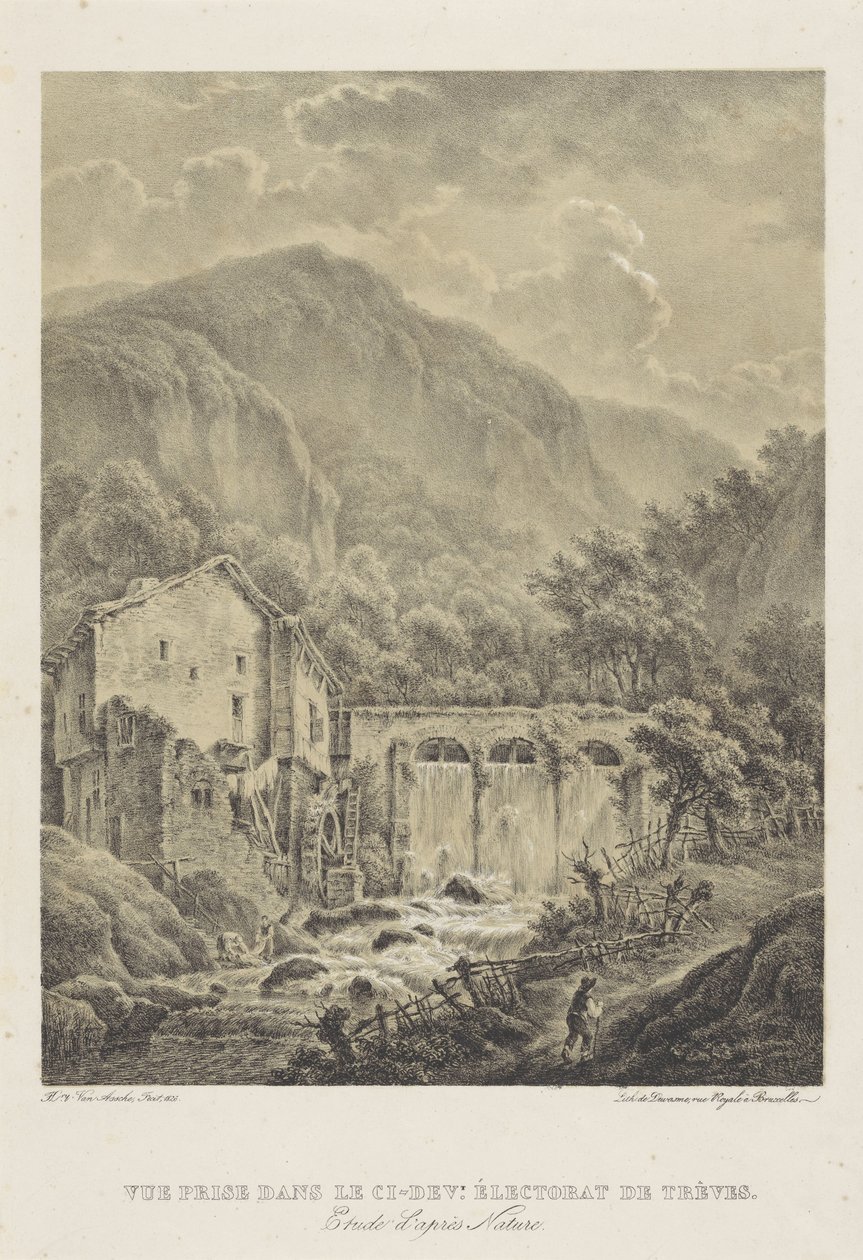 Bjerglandskab med vandmølle nær Trier Vue præmie dans le ci dev. Éctorat de trèves (titel på objekt) af Henri van Assche