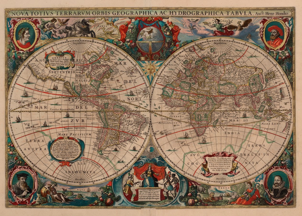 Nyt verdenskort og hydrografisk kort af Henricus Hondius II