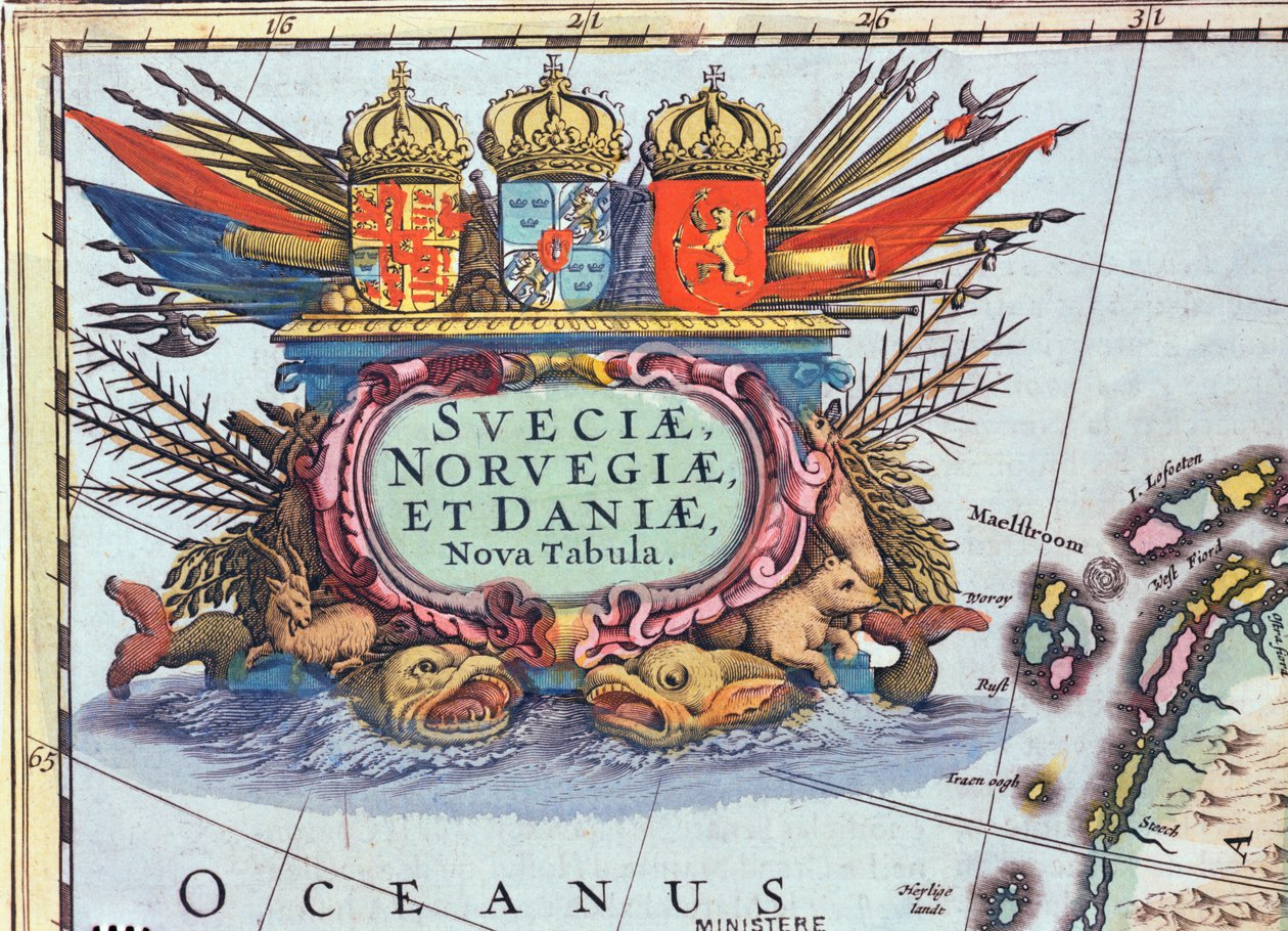Kartouche fra et kort over Sverige, Norge og Danmark, 1631 (farvestik) af Henricus Hondius II