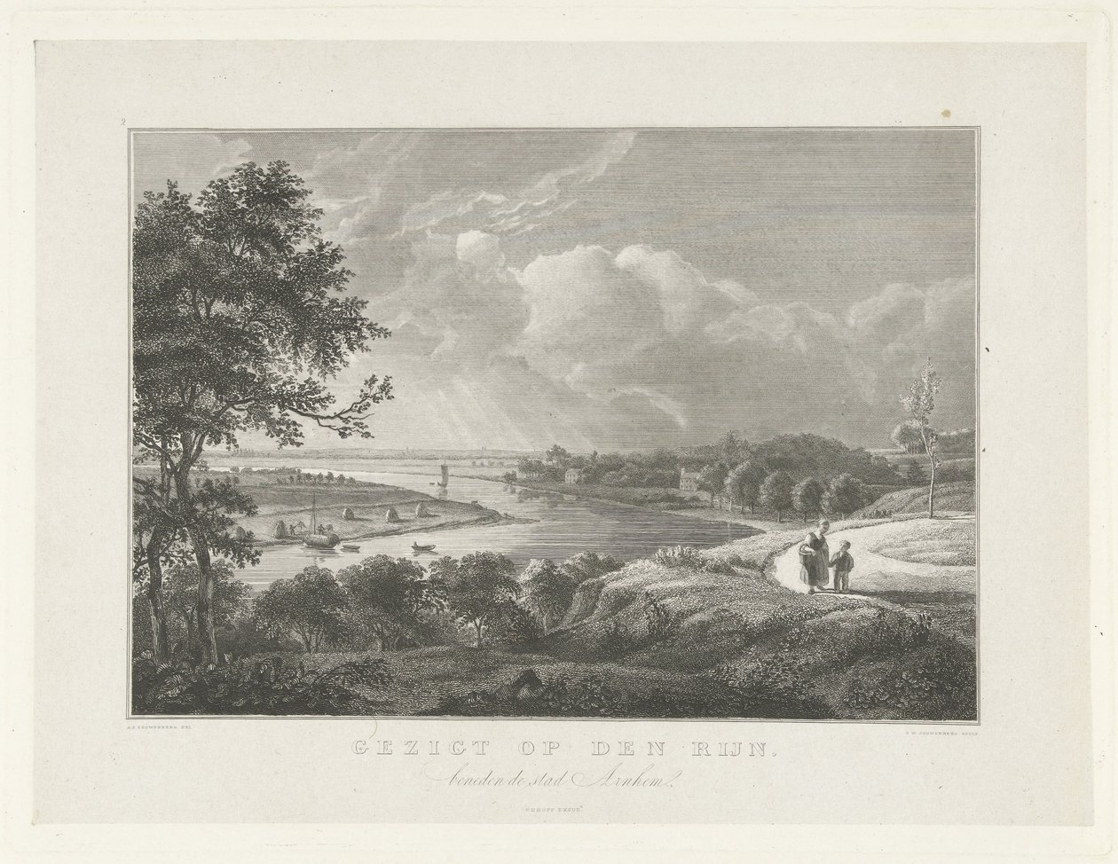Udsigt over Rhinen under Arnhem Udsigt over Rhinen (titel på objekt) Scener fra omgivelserne i byen Arnhem (serietitel) af Henricus Wilhelmus Couwenberg