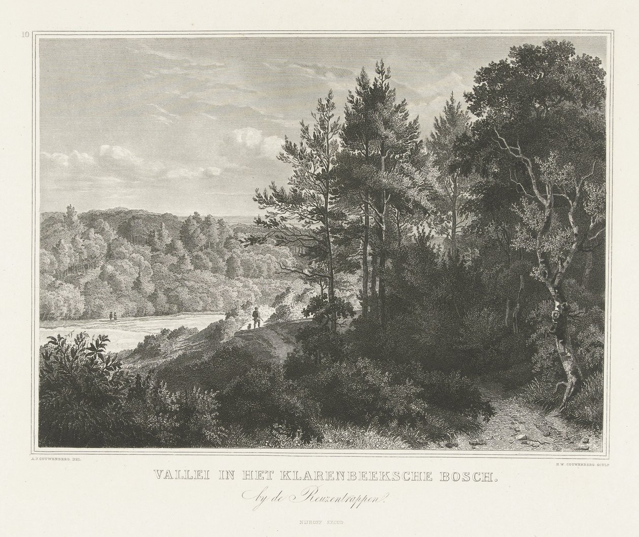 Udsigt over en dal i Klarenbeek-parken nær Arnhem Dal i Klarenbeeksche Bosch (titel på objekt) Scener fra omgivelserne i byen Arnhem (serietitel) af Henricus Wilhelmus Couwenberg