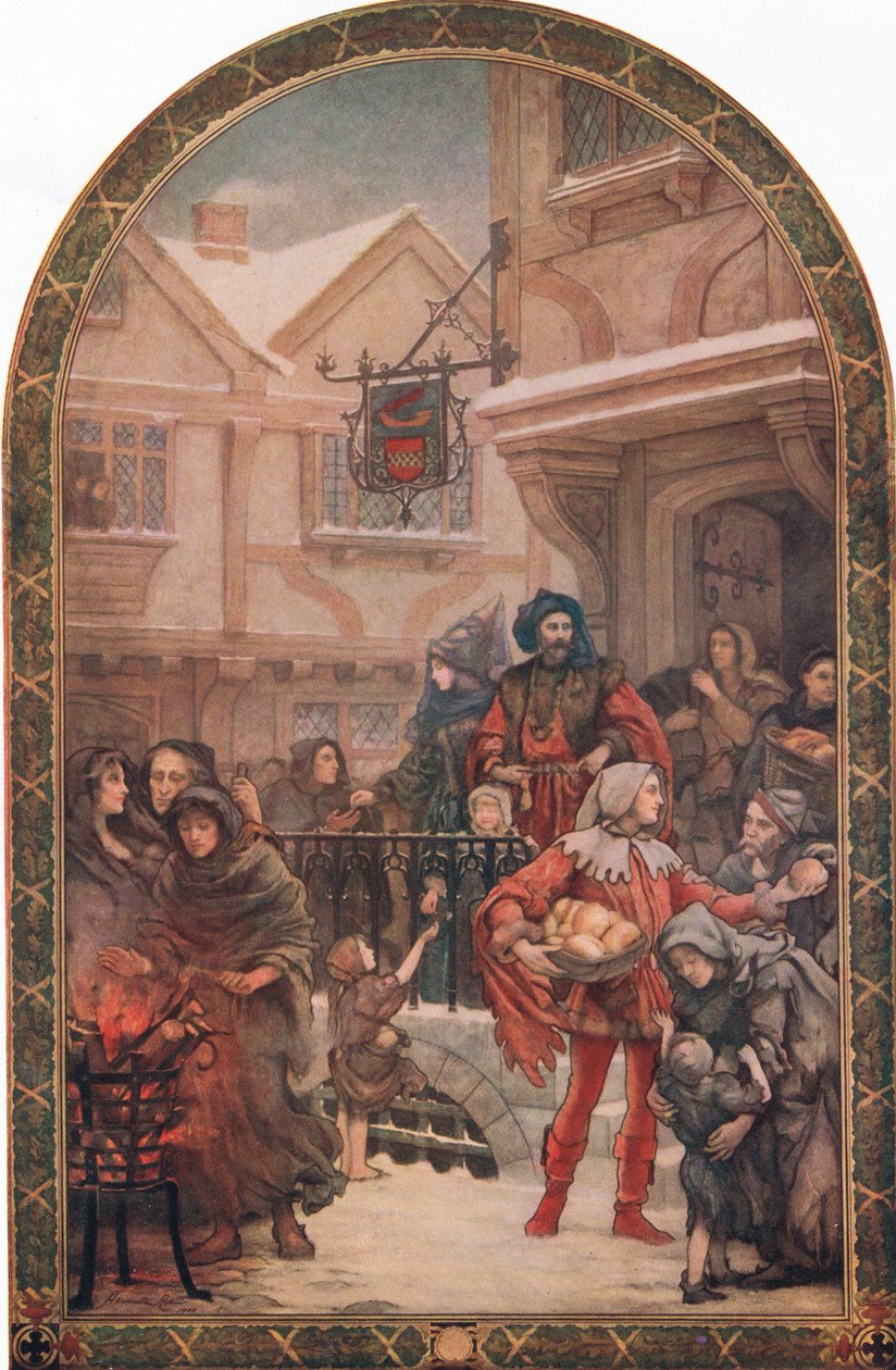 Sir Richard Whittington (1358-1423) uddeler velgørenhed, illustration fra 