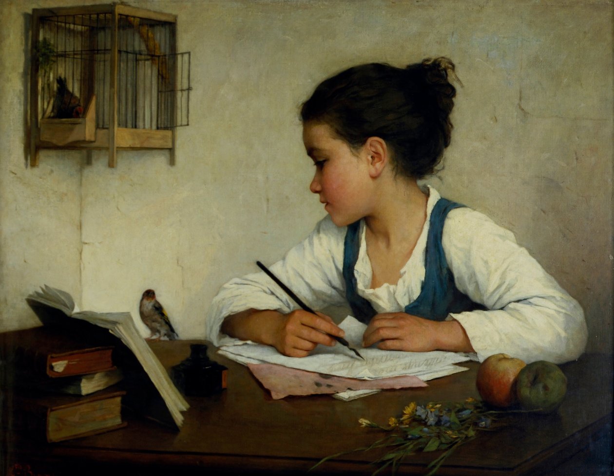 En pige der skriver; Pet Goldfinch af Henriette Browne