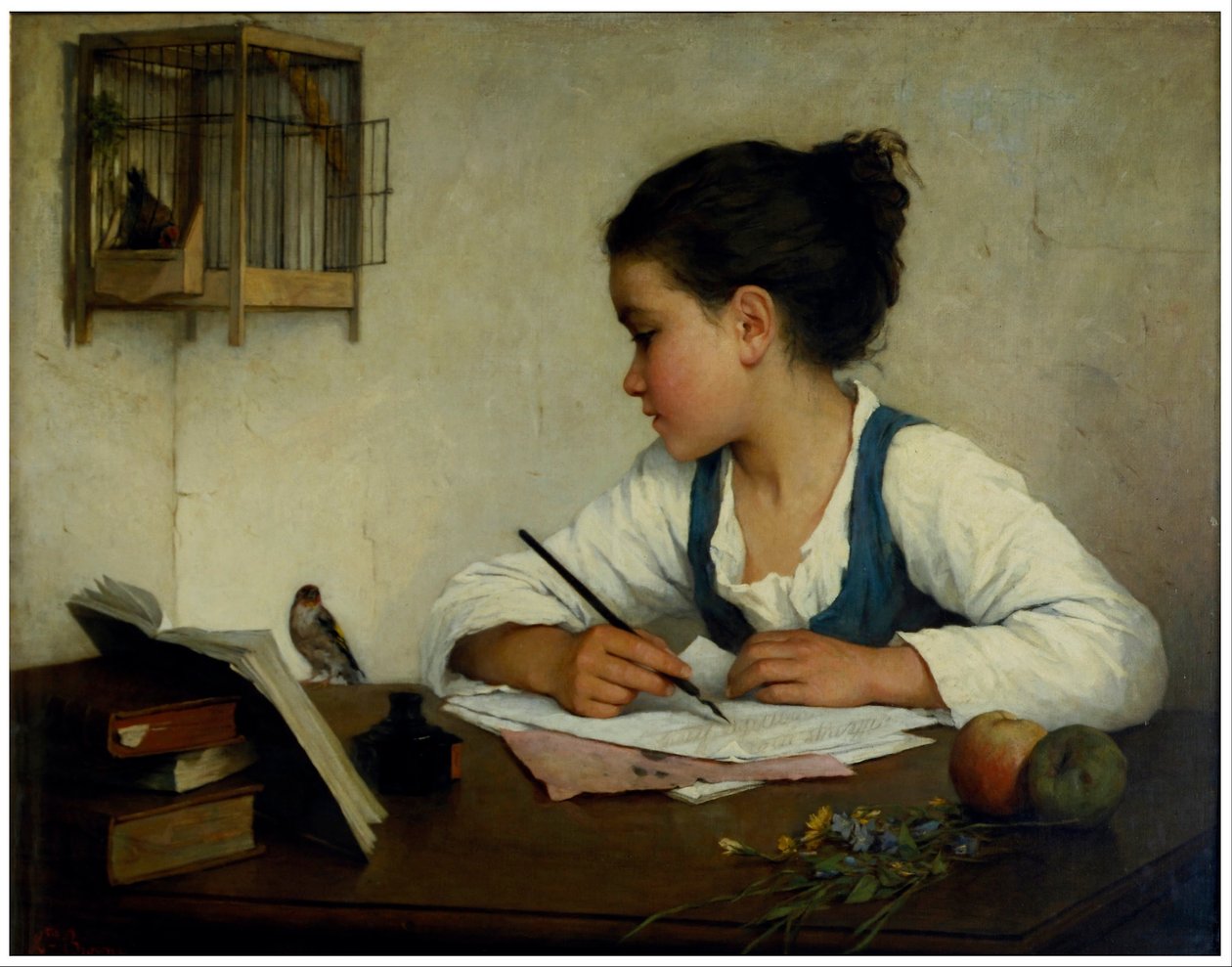 En pige der skriver; Pet Goldfinch af Henriette Browne