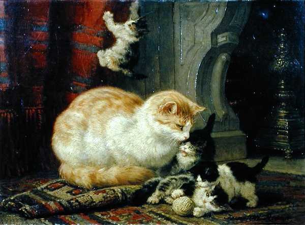 Kittens At Play (olie på panel) af Henriette Gertruide Knip