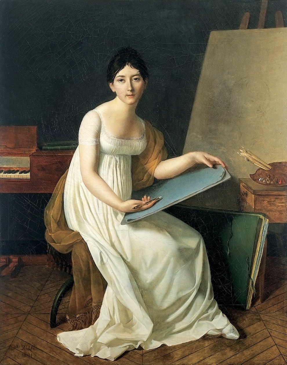 Portræt af kunstneren, iført hvid kjole og med en skitse i hånden. af Henriette Lorimier