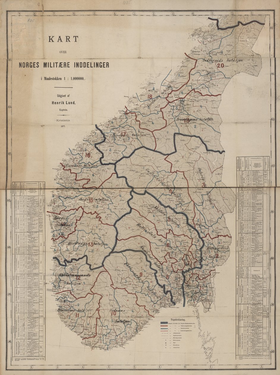 Kort fra Nationalbibliotekets kortsamling. Kortet blev udgivet i Kristiania (1877) og viser Norge. af Henrik Lund