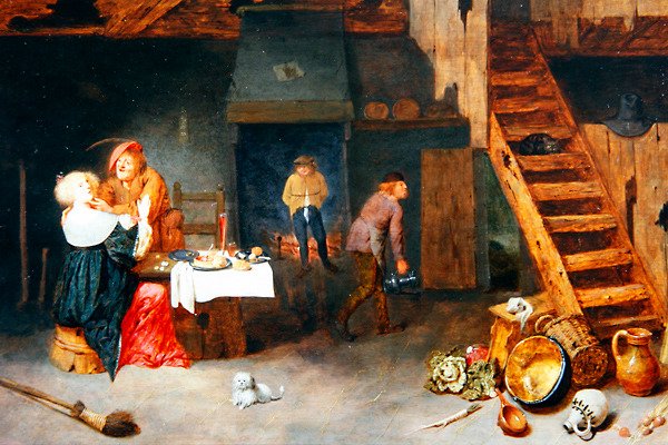 Et bondeinteriør med figurer, der karrer ved et bord (olie på panel) af Henrik Potuijl