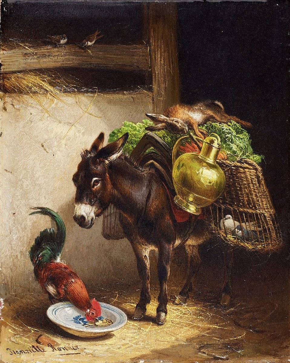 Æsel og hane i stalden. af Henriëtte Ronner Knip