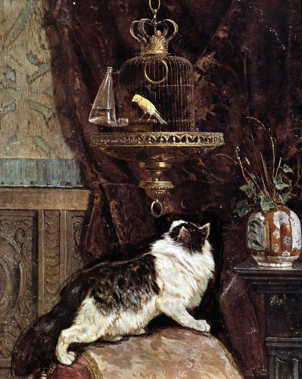 Kat, der spionerer på en fugl i et bur - af Henriette Ronner af Henriëtte Ronner Knip