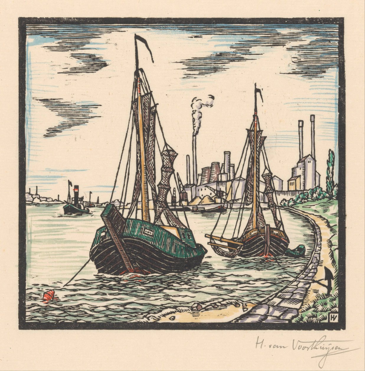 Fortøjede fiskerbåde af Henriëtte van Hove (signed by artist)