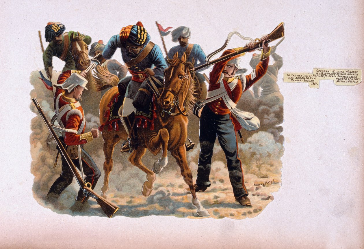 Sergent Richard Wadeson, 75. regiment, kom modigt til undsætning af menig Michael Farrell, der blev angrebet af en række oprørskavaleri, Indian Mytteri, 18. juli 1857, fra en serie med titlen 