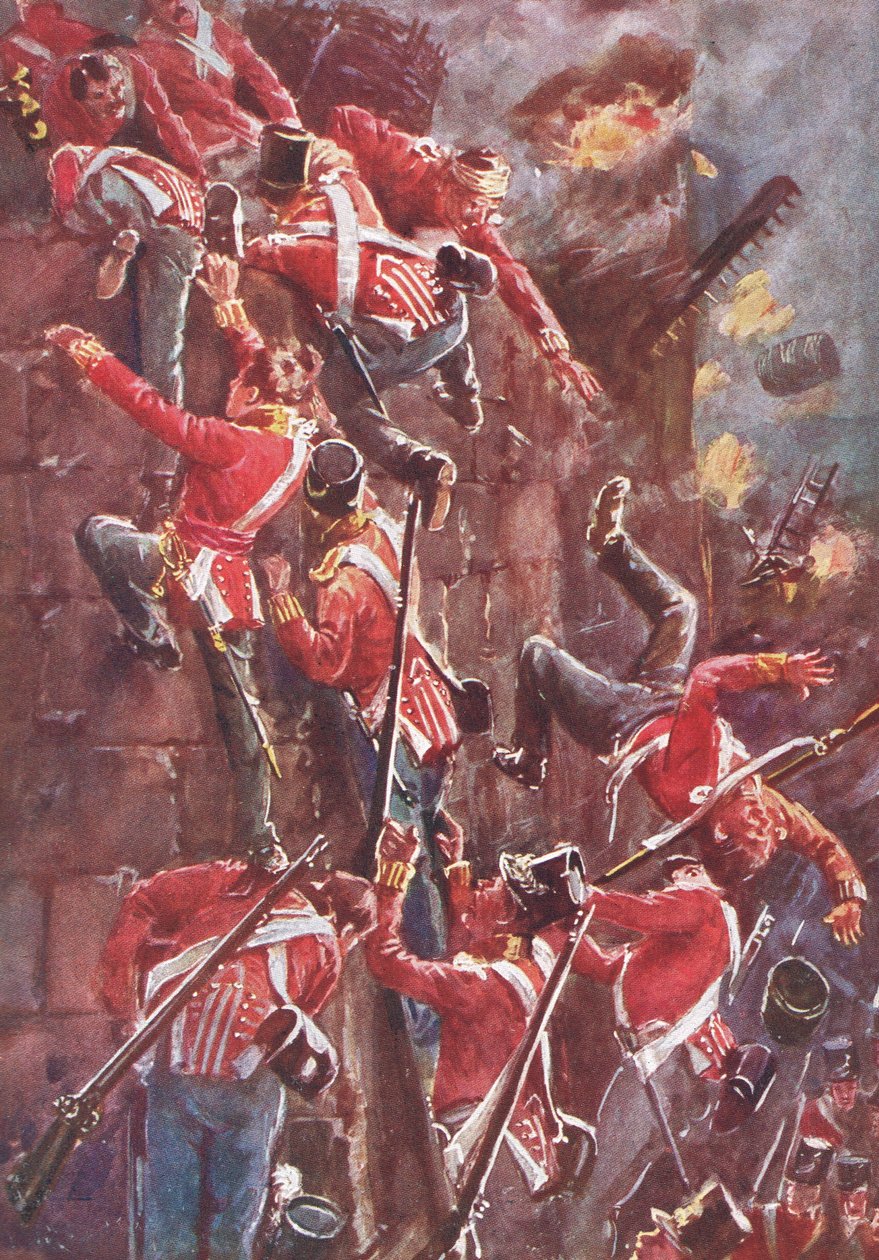 Den 5. division stormer ved eskalering af San Vincentes volde ved indtagelsen af Badajoz, illustration fra 