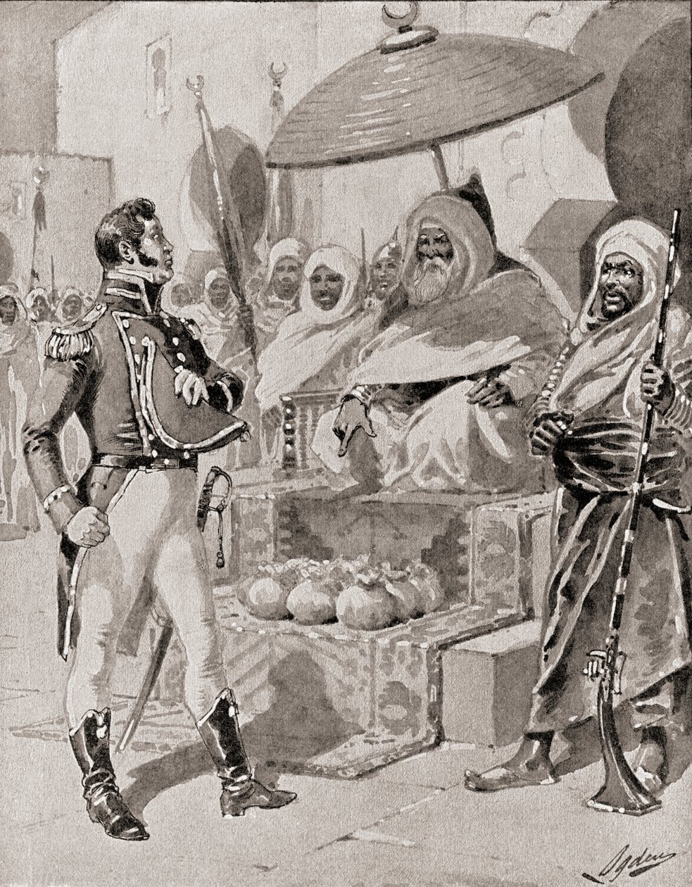 Kaptajn William Bainbridge hylder Dey of Algier for at sikre fritagelse for fangst for amerikanske handelsskibe i Middelhavet i 1800 fra The History of Our Country, udgivet 19 af Henry Alexander Ogden