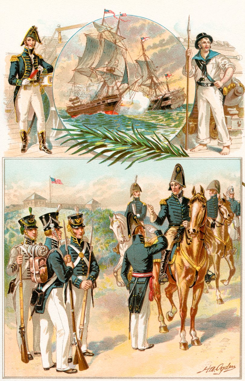 United States Army and Navy uniformer under krigen i 1812, fra The History of Our Country, udgivet 1905 af Henry Alexander Ogden