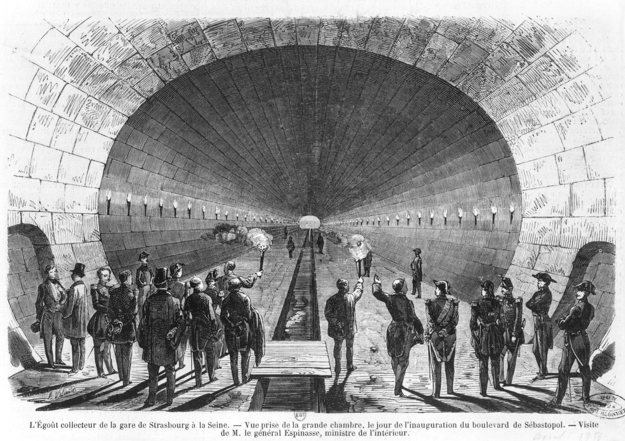 Hovedkloak fra Strasbourg Station til Seinen. Officielt besøg af indenrigsministeren, general Charles Marie Esprit Espinasse (1815-59) april 1858 af Henry Augustin Valentin