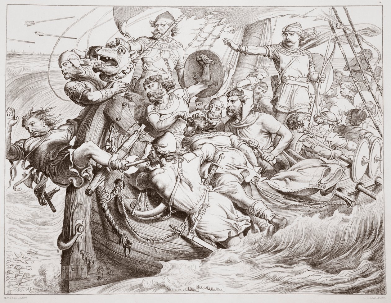 Hvordan Hereward kører sit skib på Flanders kyst, illustration fra Hereward den Store af Charles Kingsley, pub. 1870, graveret af C.G. Lewis (stålpladegravering) af Henry Courtney Selous