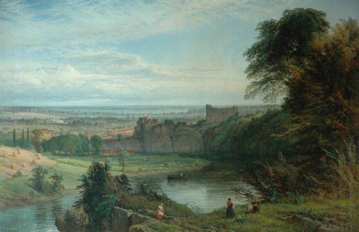 Landskab med slot og flod og Chepstow Castle, 1862 af Henry Dawson
