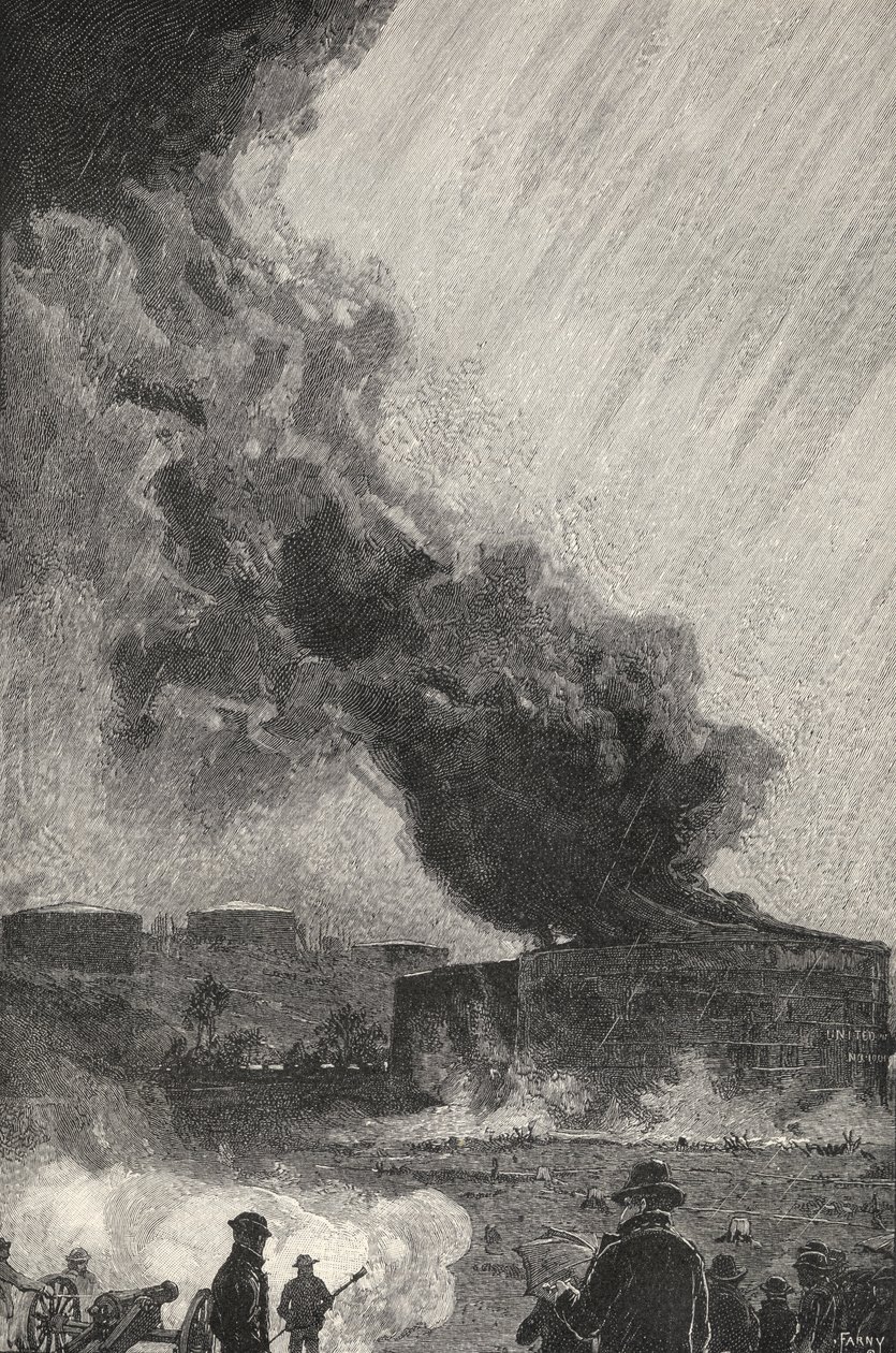 En brændende olietank med en kapacitet på 3500 tønder, fra "The Century Illustrated Monthly Magazine", maj til oktober 1883 af Henry Francois Farny