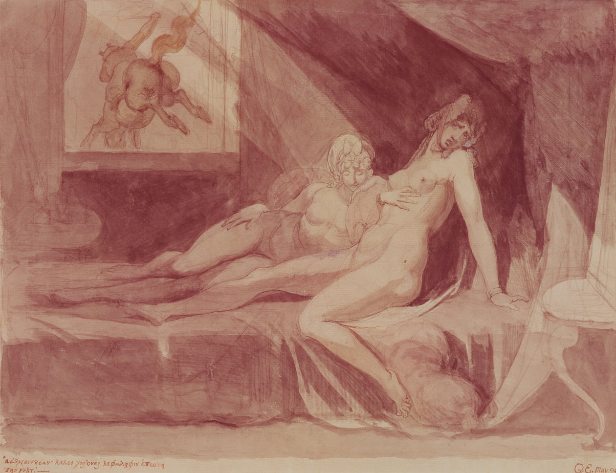 The Nightmare Leaving Two Sleeping Women, 1810 (grafit og wc på papir) af Johann Heinrich Füssli