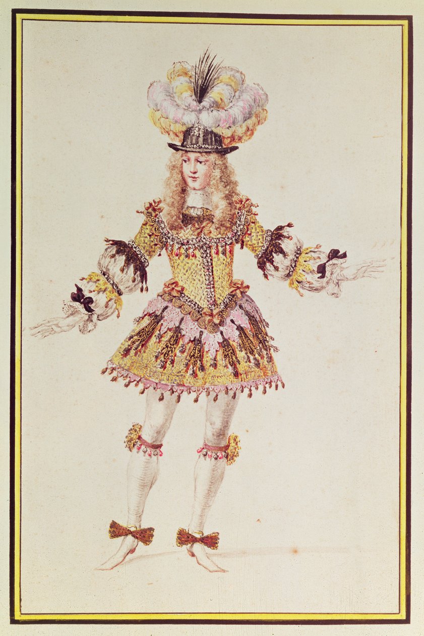 Kostume til mandlig danser, ca.1660 (pen, blæk, wc og guld på papir) af Henry Gissey