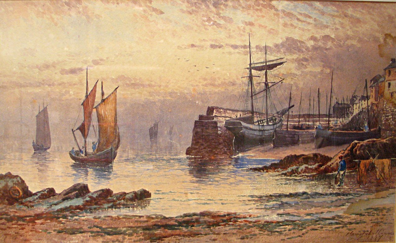 Old Quay, Newlyn, 1887 (wc på papir) af Henry John Williams